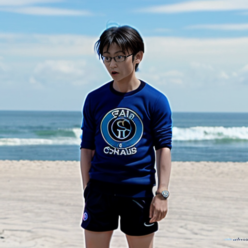 detective conan conan avec un mayo et un short du PSG a la plage