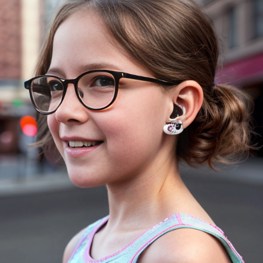 Cute adorable niña Chilindrina y con Elizabeth Perkins glasses con hair lazo curly con verano casual formal elegante sensual sexy con aparatos auditivos audífonos sordera con close up whispering touching ear each other secrets con paséo con ciudad 16