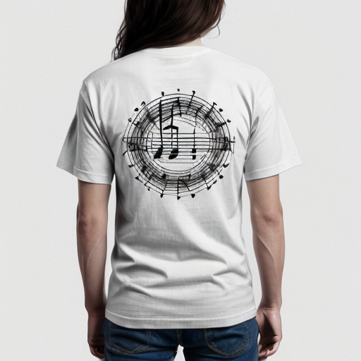 Elegant T-shirt back design, Texas silhouette created from flowing musical notes and sheet music lines, refined and artistic style. Centered inside the Texas shape are bold, easy-to-read capital letters “CCT”. Limited color palette, clean lines, vector illustration, designed for screen printing, no background.
