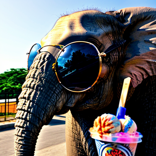 A happy elephant wearing sunglasses and eating ice cream