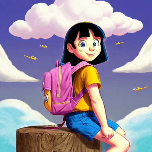 Little Dora purple backpack pink t-shirt orange sex short pants yellow socks white sneakers on a sitting big Cloud ride flying in the Sky the 1990s/early the 2000s mario