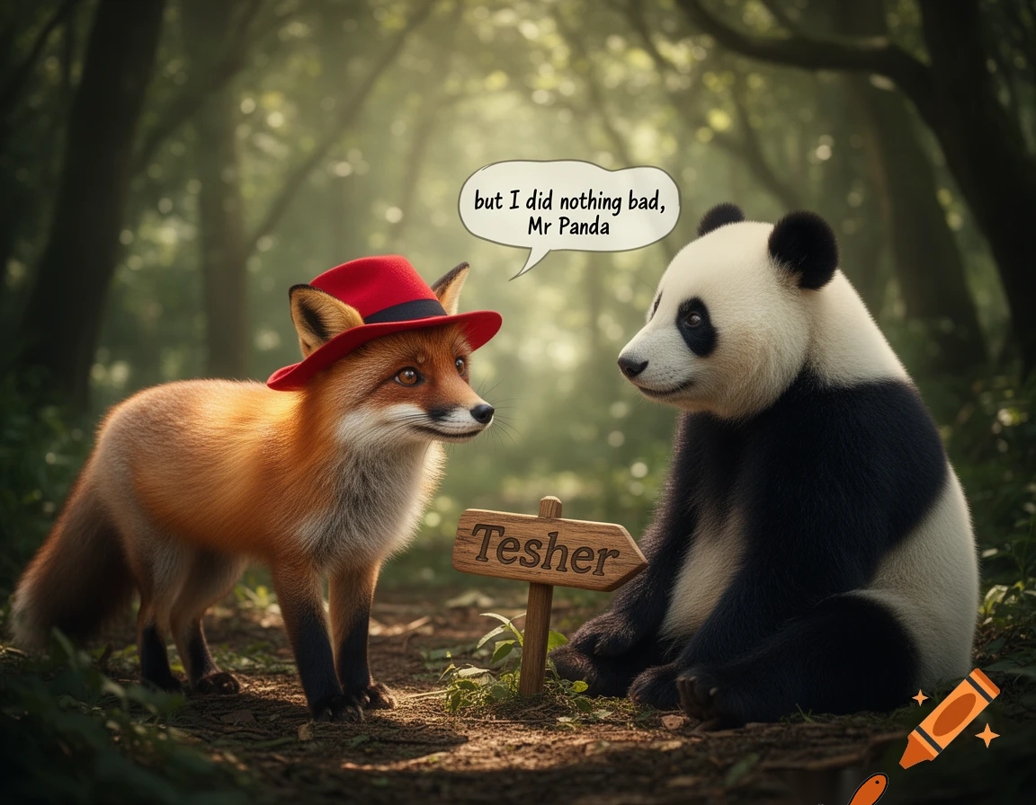 but i did nothing bad mr panda said the fox with the red hat to the panda  tesher