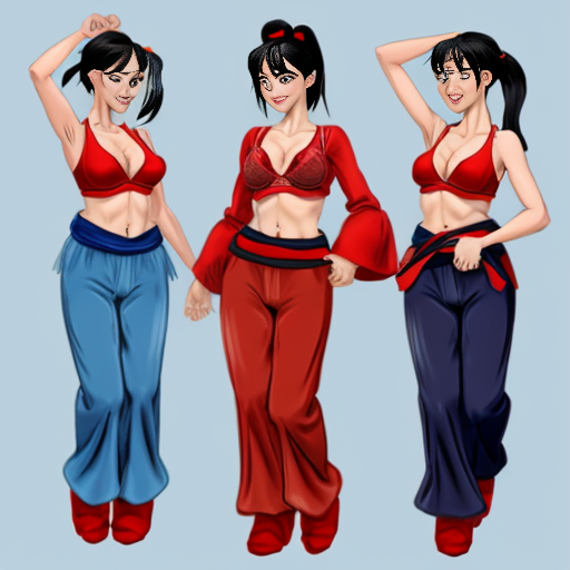 90's disney's 2d aladdin style comic black background and panels of panel 1 giant bubble that transforms into a black haired ponytail woman  with blue skin, blue harem pants red bra and red sash and red curved slippers. 
Panel 2 the blue skinned black haired ponytail woman with blue harem pants red bra and red sash and red slippers then blows a second bubble that transforms into another black haired ponytail woman with blue skin,blue harem pants, red bra and red sash and red slippers. 
Panel 3 then the second black haired ponytail blue skinned woman with blue harem pants and red bra and red sash and red curved slippers then blows a third bubble that transforms into the third black haired ponytail woman with blue skin, blue harem pants and red bra and red sash and red curved slippers. 
Panel 4 and then the third black haired ponytail woman with blue skin, blue harem pants and red bra and red sash and red curved slippers then blows a fourth bubble that transforms into the fourth black haired ponytail woman with blue skin blue harem pants and red bra and red sash and red curved slippers. 
Panel 5 Then the four black haired ponytail women with blue skin , blue harem pants, red bra and red sash and red curved slippers then raising their arms and hands together  
panel 6 and the four Black hair ponytail women with blue skin ,blue harem pants red bra , and red curved slippers swaying their hips. 
Panel 7 then the belly bugles of the four black haired ponytail Women with blue skin, blue harem pants, red bra and red sash and red curved slippers merging and fusing together and swelling. 