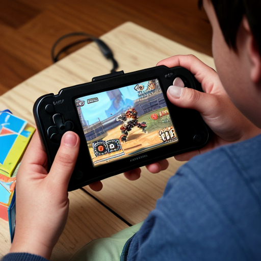 Create an image about a kid playing video games like a game boy and other one with the same kid now adult enjoying playing with the same console.