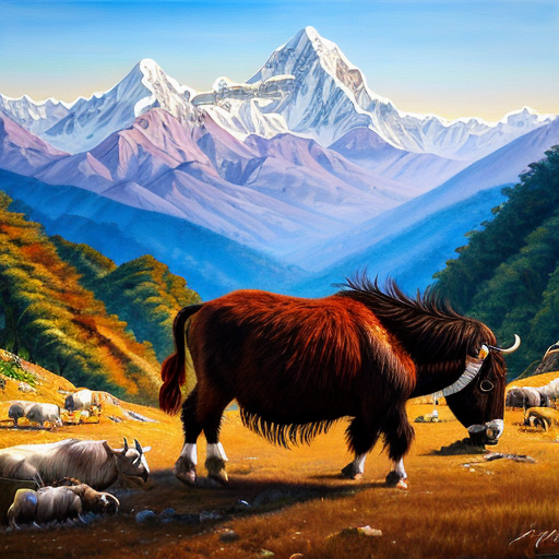 “A realistic painting of the Nepal Himalayas, featuring a yak and chyangba in traditional style, vivid colors, sunlight highlighting the mountains, ultra-detailed, 100% hand-painted look, professional digital painting style