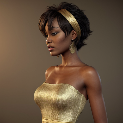 The background is decorated with gold leaf. Half-profile of a beautiful and elegant young Black woman resembling Whitney Houston. Gold chased work, fine knitwear, 3D effect, high décolletage, narrow waist, dress made of silk and taffeta. Embroidery. Style: Emile Mounier, Bugro