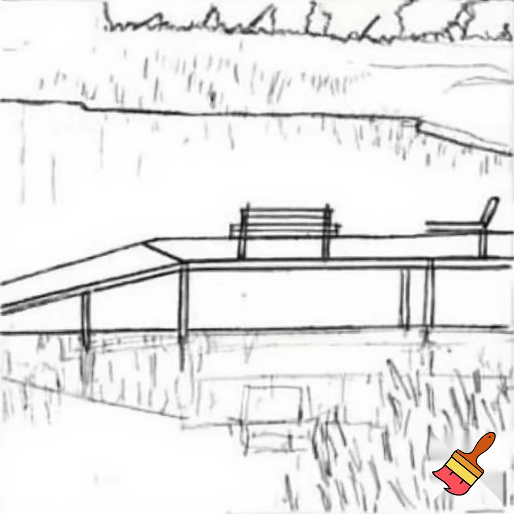 A construction sketch of a dock with a T shaped end with two benches over a small pond