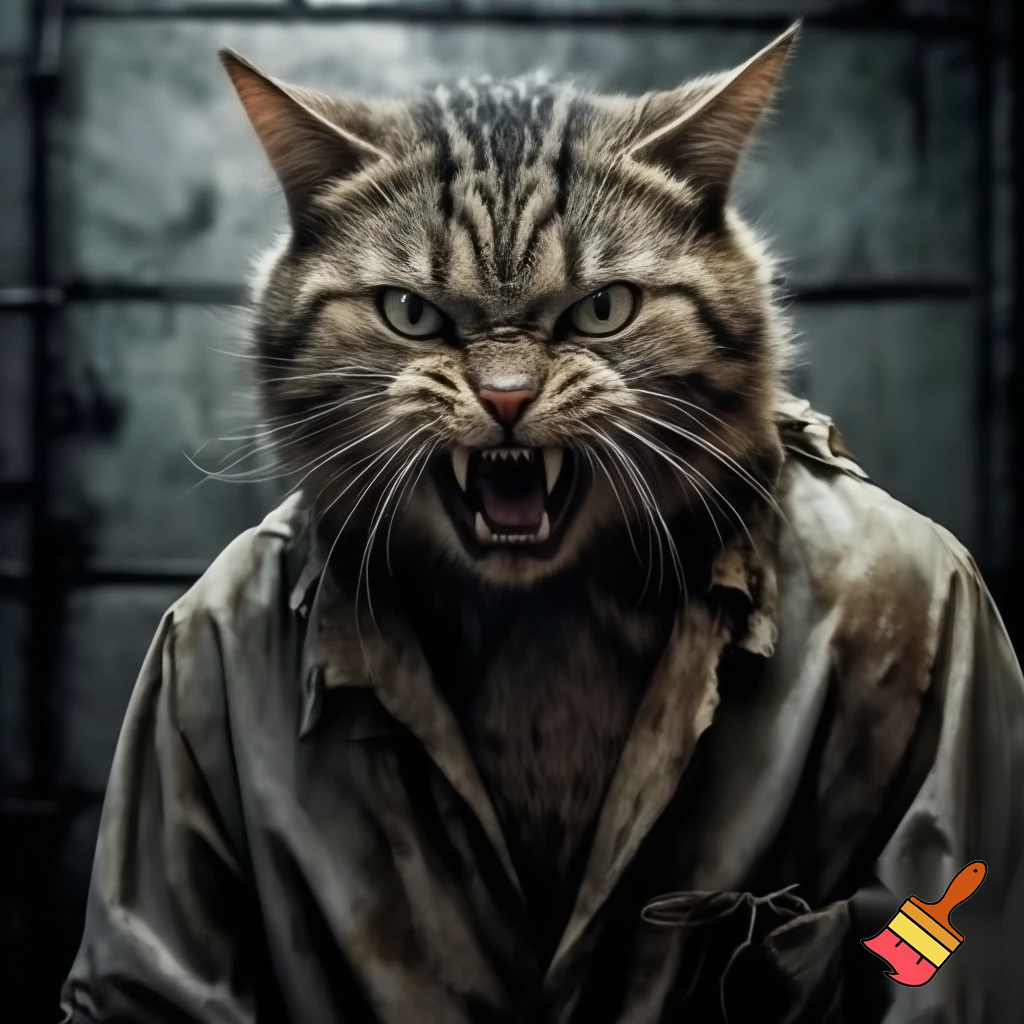 Feral vicious cat sinister evil, mugshot style, prison clothes, no humans staring at screen