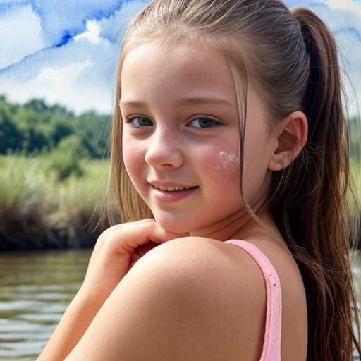 cute teen girl, skin at river, camelt, watercolor painting, seethrou, layin, opening, pim, show