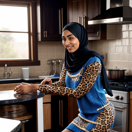 scene vraie, photo realiste de femme arabe, ronde, en hijab, longue lace-up robe leopard, talons à aiguille, bas filets de peche, avec son amant homme africain noir en pull bleu la touche sensuellement, son conjont arabe, les admirent à la cusine
