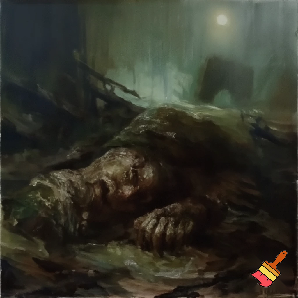 Oil painting, a corpse in advanced decomposition