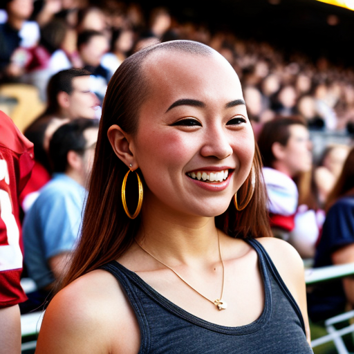 can you create an image of an early twentysomething half Scottish half Japanese USC student cheering in the stands at a football game. her tall, petite frame. She has a closed‑lip smile, her beautiful facial features—high cheekbones, almond‑shaped eyes, and a smooth complexion—clearly visible. Her head is shaved. She appropriate clothing, complemented by large hoop earrings, additional layered jewellery, and a septum ring. 