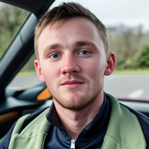 generwate an image of conor macmanus from ireland brown hair 5 ft 6 and from blackrock colage and with a blue quater zip first year driving a ferrrari car no helmet still wearing the quater zip wereing a quaterzip drinking matcha