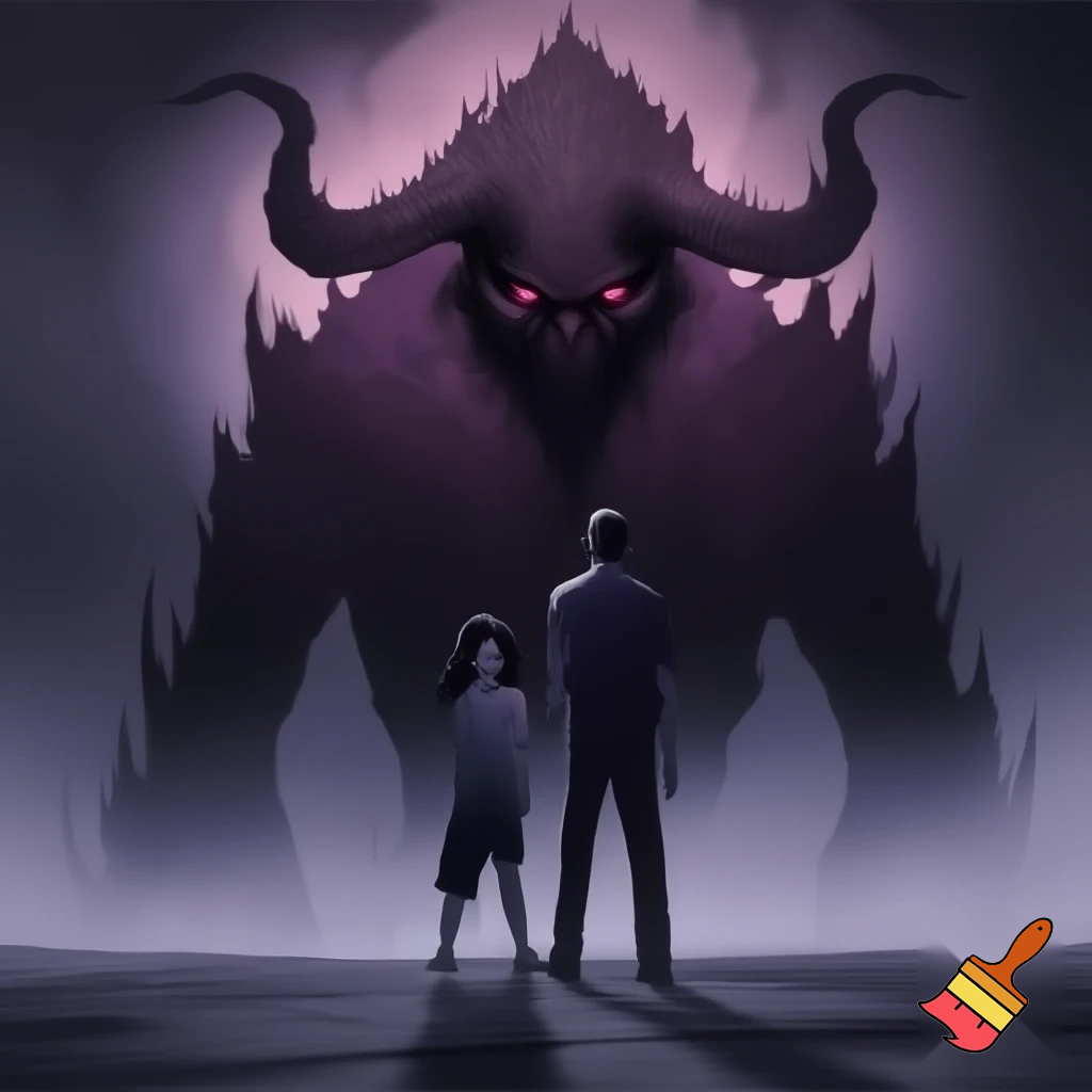 2 people with a demon behind them