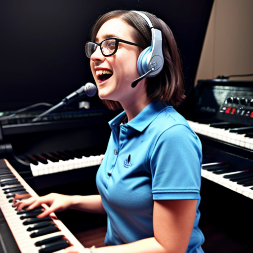 A glasses-wearing barefoot woman (somewhere between her 20s or 30s) with headphones (on her ears, not around her neck), a short-sleeve blue shirt (just a shirt, not a polo, and no branding on that), and very short black Adidas-brand shorts, she is tickling the ivories of a synth (both hands on the keys), there's also a mic, its stand is in front of her synth, the mic is pointing to her mouth, however, she doesn't sing to it for her mouth is closed.
