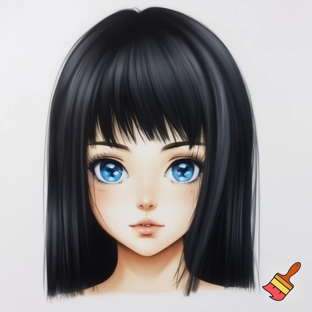 Female long black straight hair , ocean blue eyesand realistic and drawing with color
Manga