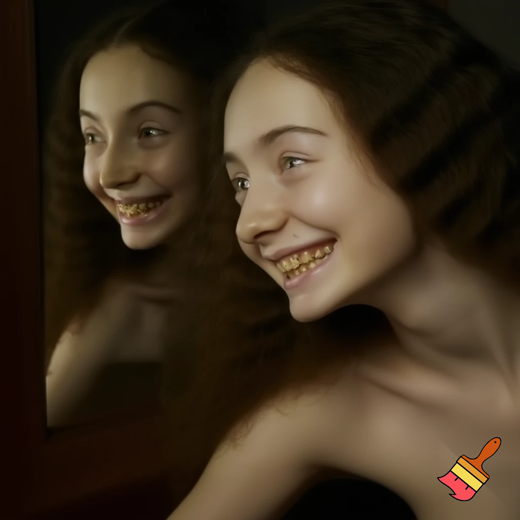 A completely naked slim twentyone year old woman with pale skin and dark brown long curly hair, depicted from head to toe, watching herself happily in a mirror.