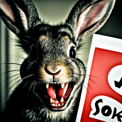 European rabbit, red glaring eyes, sharp teeth and fur, holding a sign, angry face, joker smile
