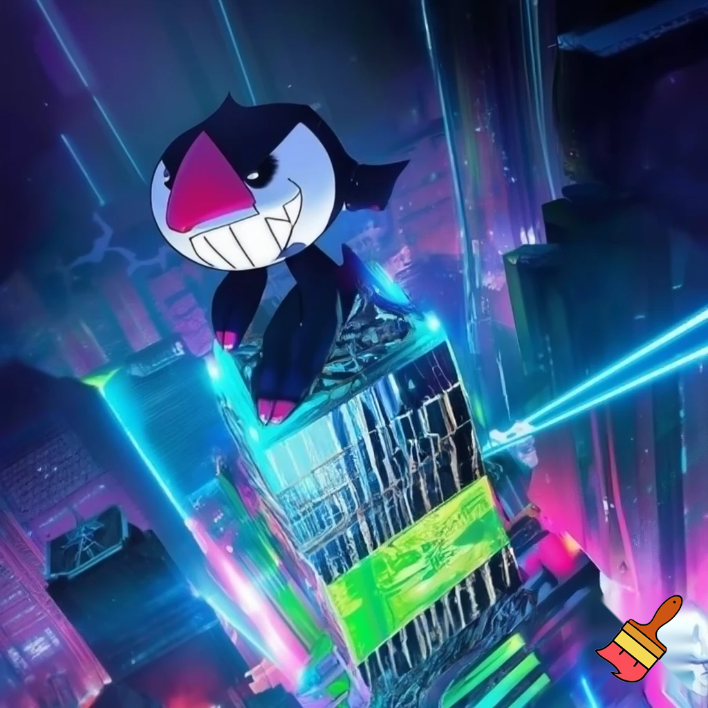 Labubu pay gorn with neon lights skyscraper