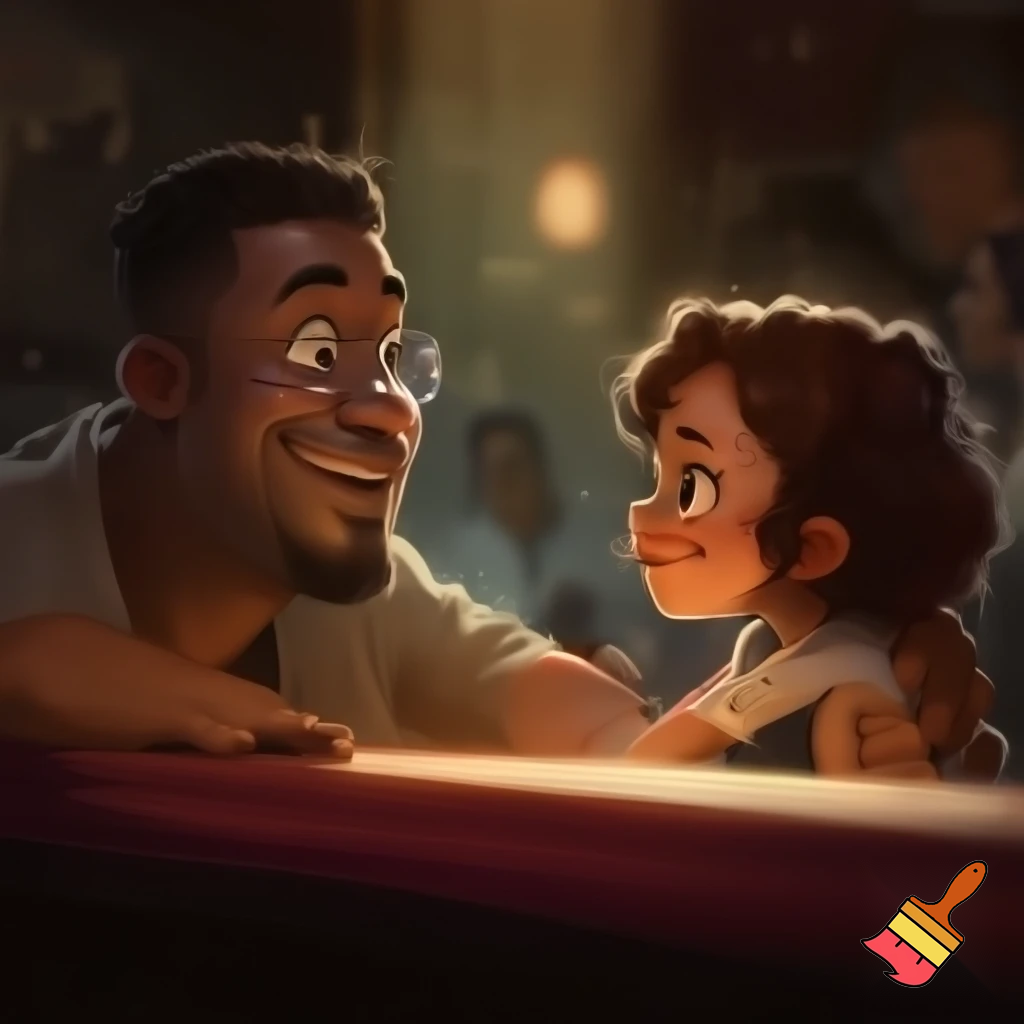 Create a realistic cartoon of black man with a Spanish girl dating at a bar