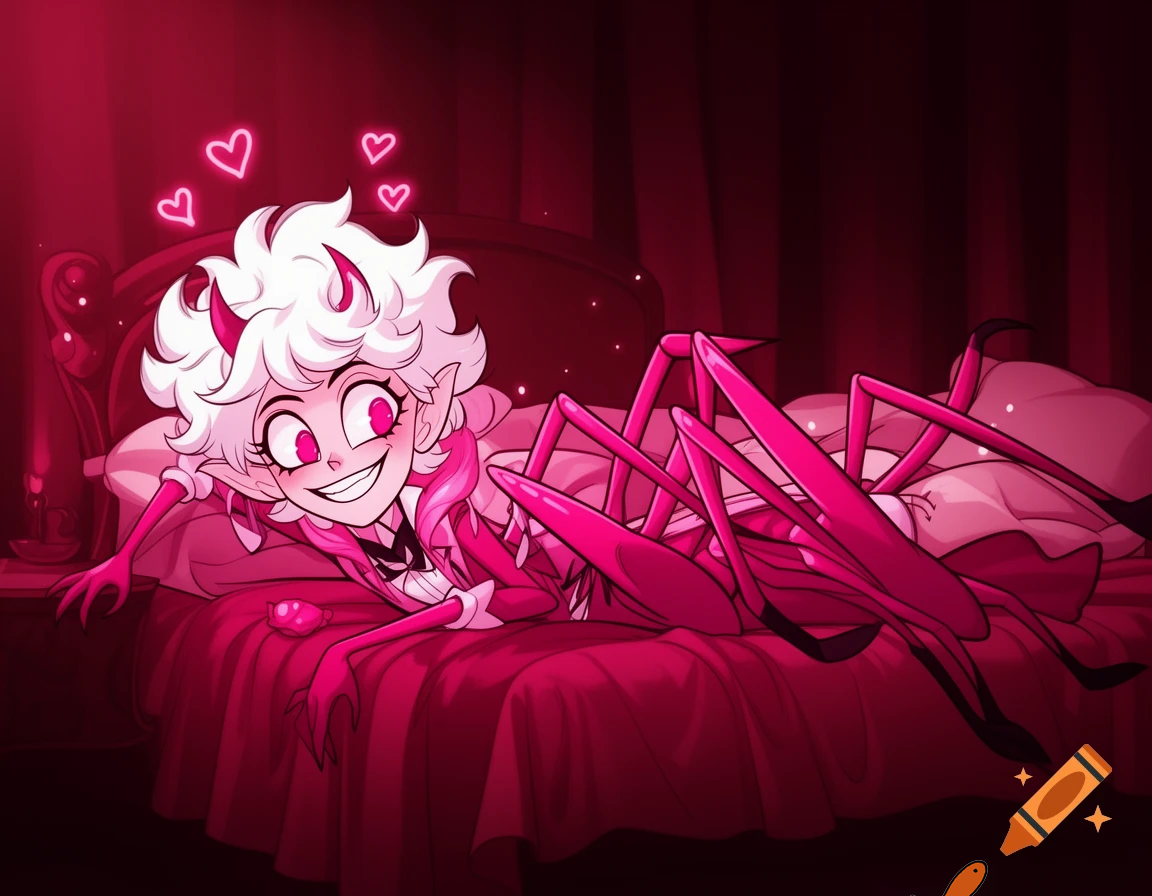 Angel dust from Hazbin hotel on a bed being pinned