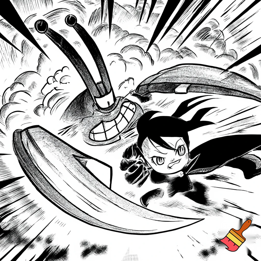 Characters and Action: Manga style, high-octane action panel of Mr. Krabs vs. Ruby Rose. Mr. Krabs with an angry, manga-style face and intense motion lines around his massive claws. Ruby Rose in a dynamic action pose, her Crescent Rose scythe clashing with his claws, speed lines around her.
Setting: Explosions and smoke in the background, stylized battle arena.
Art Style: Manga, black and white ink drawing, detailed linework, dynamic.
Quality: High contrast, expressive, panel art.