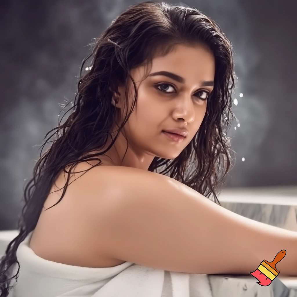 Portrait of  Keerthy suresh with wet, wavy hair, wrapped in a white towel, leaning on a marble bathroom counter with steam in the background, neutral expression, realistic photography style, high detail