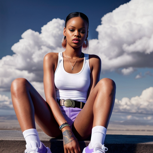 Rihanna orange tanktop belt blue short mini purple socks orange and white sneakers on a sitting Cloud