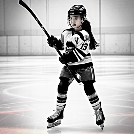 coloring page of a female kid with shoulder length hair, wearing hockey gear, holding a straight stick no bottom blade, just a straight stick that ends at the ice, through a rubber ring, cute, ice rink background, clean line, no fillers
