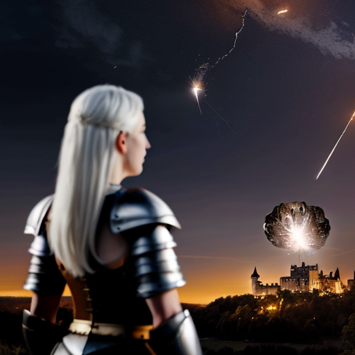 young white-haired woman in armor watches as meteorites fall on her castle
