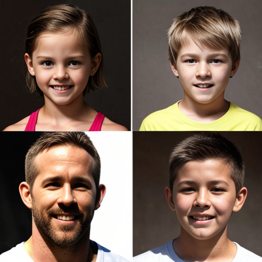generate me a family of 5 with 2 dads, make one of the dads a dark brown haired 6'2" bodybuilder and make the other one ryan reynolds, then make a boy who is 14, and a girl who is 3 and a boy who is 2