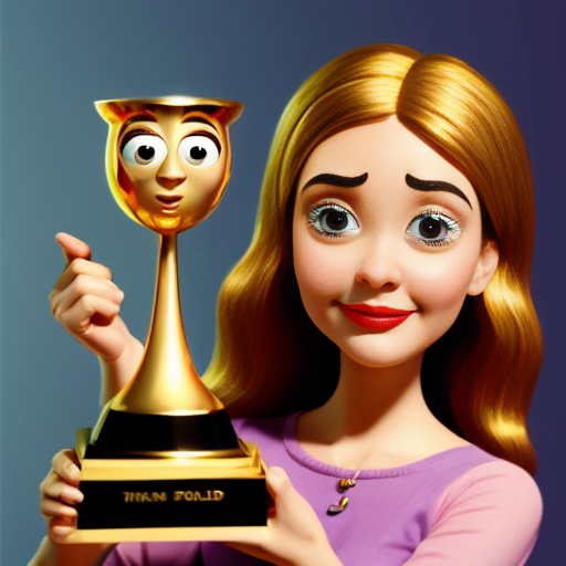 the emotion proud one person gold holding trophy Pixar cartoon style gold skin big eyes happy pretty  gold face