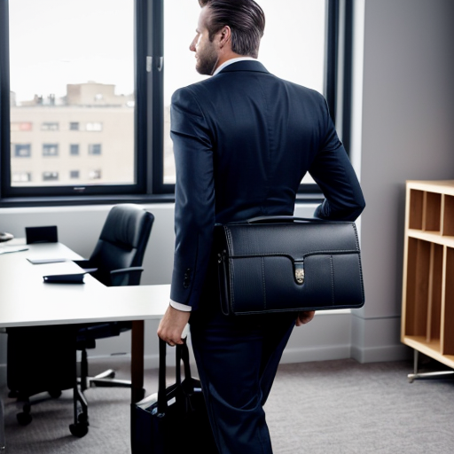 Create a cinematic fashion image of a confident man aged 30–45, wearing a tailored dark suit and carrying the **Fasano Executive Briefcase** in **Ebony Black** full-grain leather. The model should have a calm, professional demeanor, with a slight smile and confident posture. He is walking through an elegant law office, with a polished wooden desk, bookshelves, and soft ambient lighting in the background. 

The focus should be on the model’s sophisticated appearance and the sleek design of the **Fasano Executive Briefcase**, with the bag’s brushed palladium hardware reflecting the soft light. The office background should feature rich textures like leather chairs, a modern desk, and subtle touches of luxury, such as framed legal books and a polished pen. The lighting should be warm, with a mix of soft natural light from the window and ambient artificial lighting to create a refined atmosphere.

The composition should highlight the leather texture, the fine details of the bag, and the overall luxurious yet professional look.
