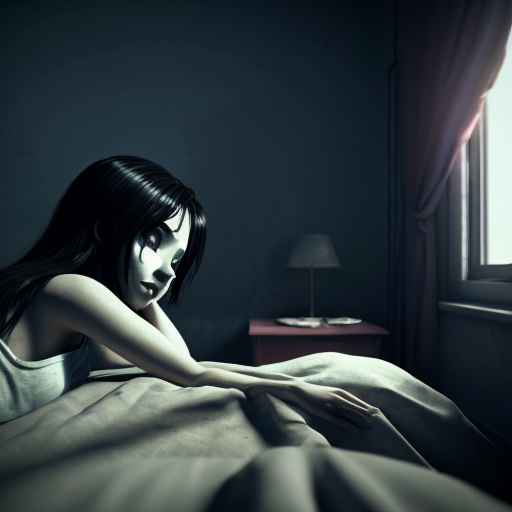 “3D Pixar-style animated horror scene, a cute young girl sleeping on a bed at night, long black hair on the pillow, a creepy pale ghost hand slowly touching her hair from behind, the girl opening her eyes with a shocked and scared expression, dark bedroom, blue moonlight coming through the window, spooky shadows on the wall, cinematic dramatic lighting, suspenseful horror atmosphere, ultra detailed, high quality, vibrant 3D animated movie style, expressive face, depth of field, dramatic camera angle, YouTube viral thumbnail composition.”