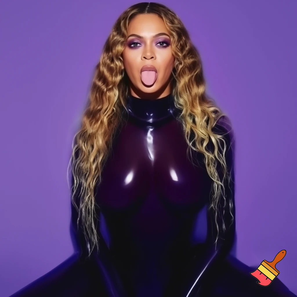 Beyonce showing her long tongue sexy photohsoot in a purple setting ,she is wearing a transparent bodysuit ,saliva wet photoshoot 