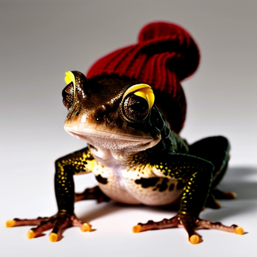 A laughable, puzzled animal toad in woolen, multicoloured winter clothings with woolen winter cap. Hyperrealistic art style.