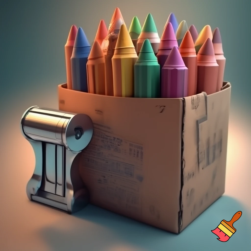 a giant box of crayons with a sharpener