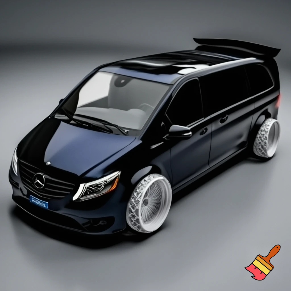 mercedes vito  w638, 19-inch rims braid - 28-inch white Selcus Wheels rims, has extra-large kit car spoiler, wide fenders, sunroof, no music, glazed.
