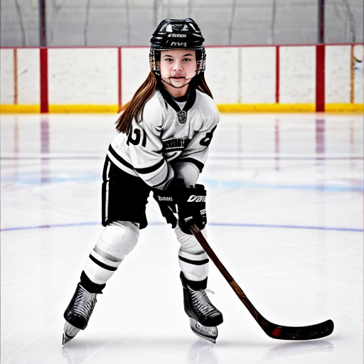 coloring page of a female kid with shoulder length hair, wearing hockey gear, holding a straight stick no bottom blade, just a straight stick that ends at the ice, through a rubber ring, cute, ice rink background, clean line, no fillers
