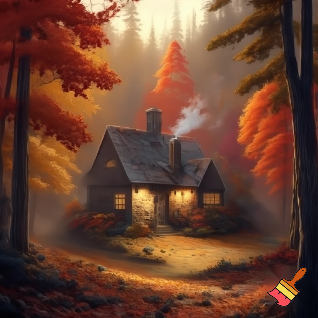 Ein haus wo in einem wald steht und es ist herbst