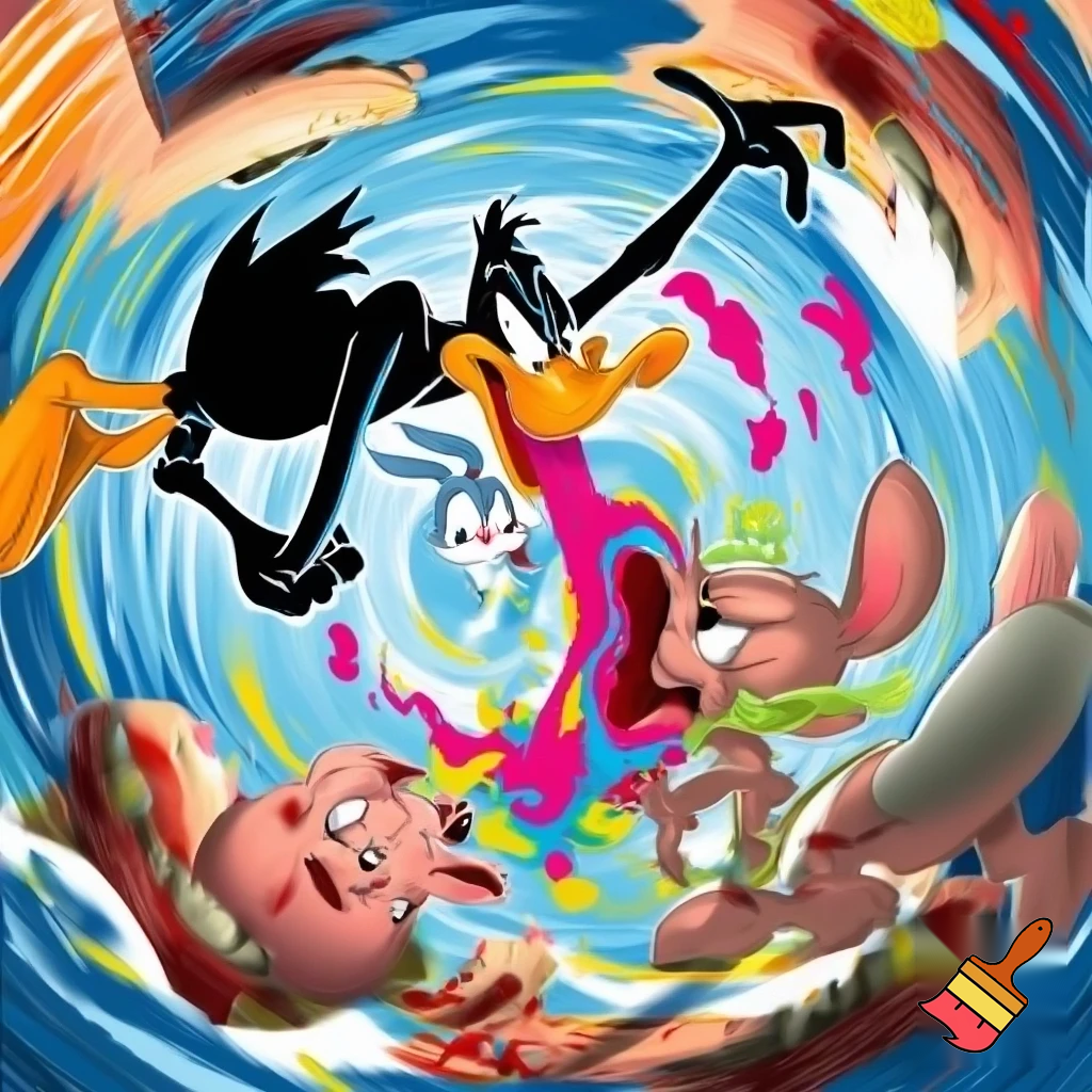 daffy duck farting on porky pig while porky pig is barfing on bugs bunny