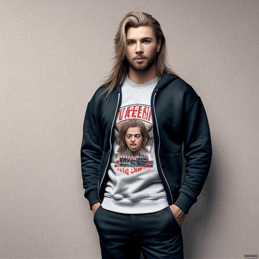 A man with brown heir as a short mullet and a red sweatshirt and black long pants