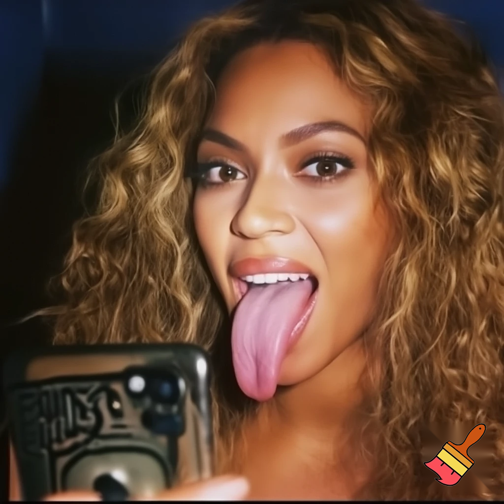 Beyonce selfie showing her long tongue looking at her phone ,horny expression 