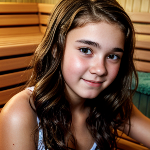 a self portrait of a 14 year old girl with wavy dark brown hair and brown eyes with a diamond face shape teenager ,sauna