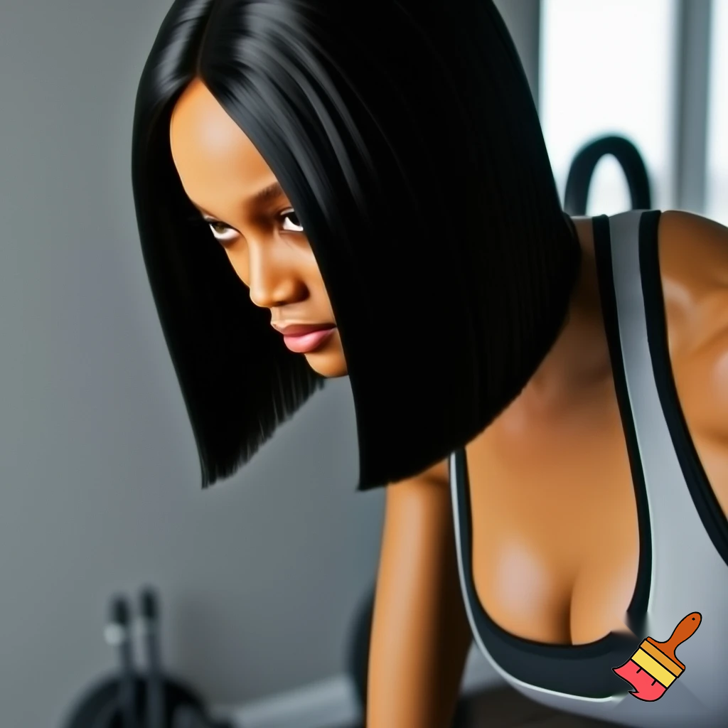 Tyra Banks with a black sleek middle part bob hair wearing a grey and black bra working out at home