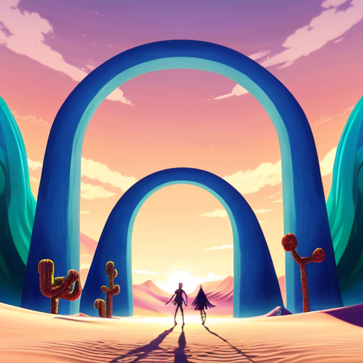 Paint and desert arch with multiple abstract figures in Tanguy style