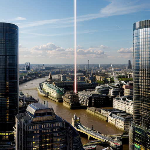 Aerial view of British and English city of London with Palace of Westminster, Big Ben, River Thames, sci-fi futuristic buildings, sci-fi futuristic skyscrapers and blue sky in 2625.