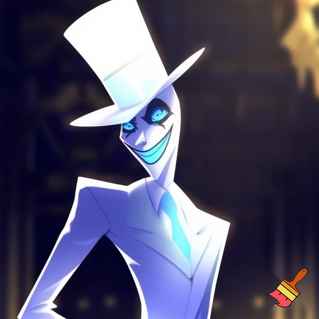 alastor wearing a white tophat with light graident, his suit is white and with light blue graident, his eyes are blue, his skin is white, and his teeth is bright light blue. anime style