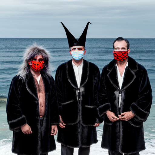 3 witch doctors with long furry black jackets and white face mask with hallow black  eyes and two men dressed with pense with messy hair next to the sea 