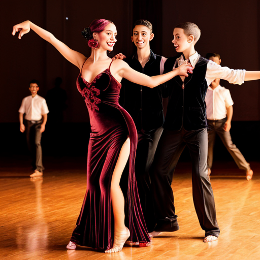 Mom dancing with group of boys a latin dance.she is wearing velvet leg slit dress.red rose on her hair.
